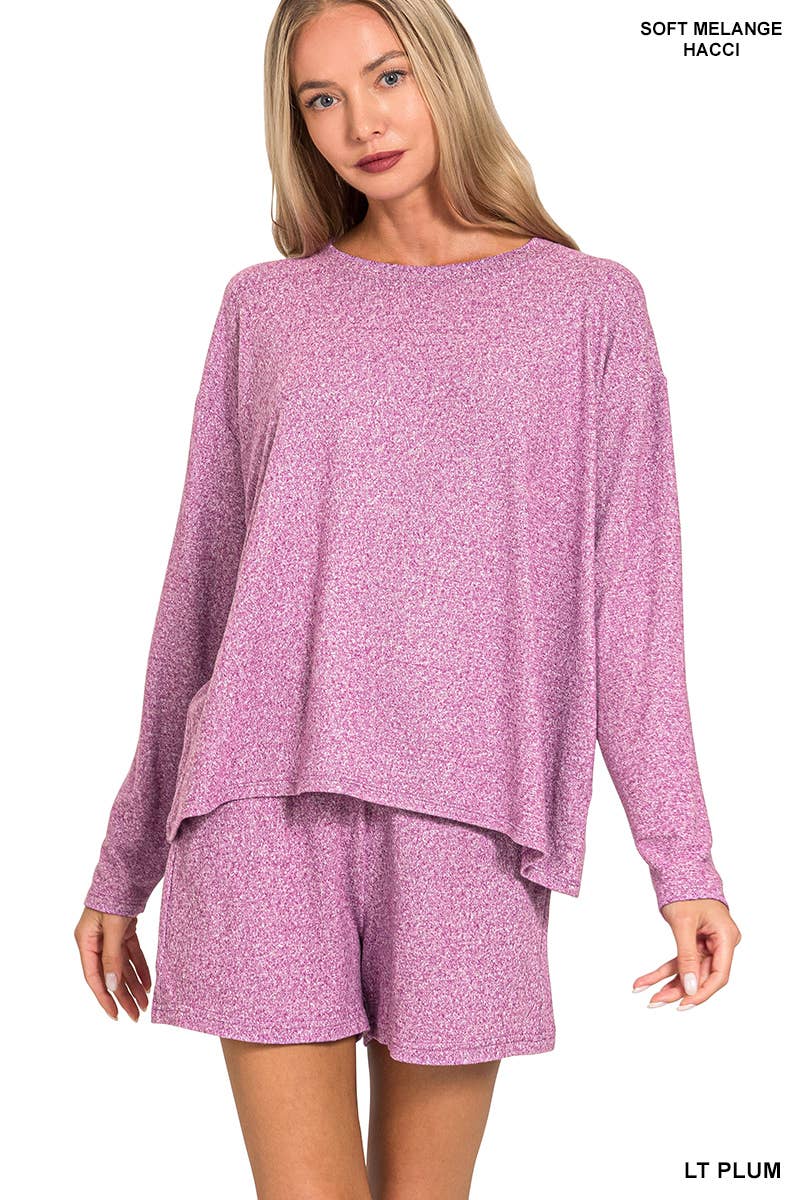 Soft Melange Long Sleeve Tee & Shorts Loungewear Set-Zenana