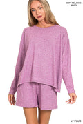 Soft Melange Long Sleeve Tee & Shorts Loungewear Set-Zenana