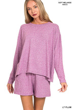 Soft Melange Long Sleeve Tee & Shorts Loungewear Set-Zenana