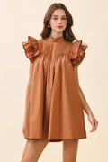 CD06395-Back Button Down High Neck Babydoll Mini Dress