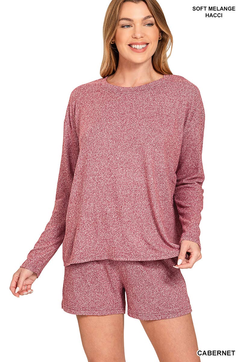 Soft Melange Long Sleeve Tee & Shorts Loungewear Set-Zenana