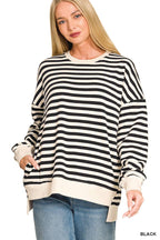 Premium Yarn Dyed Stripe Fleece Hi Low Sweatshirt w/ Pockets