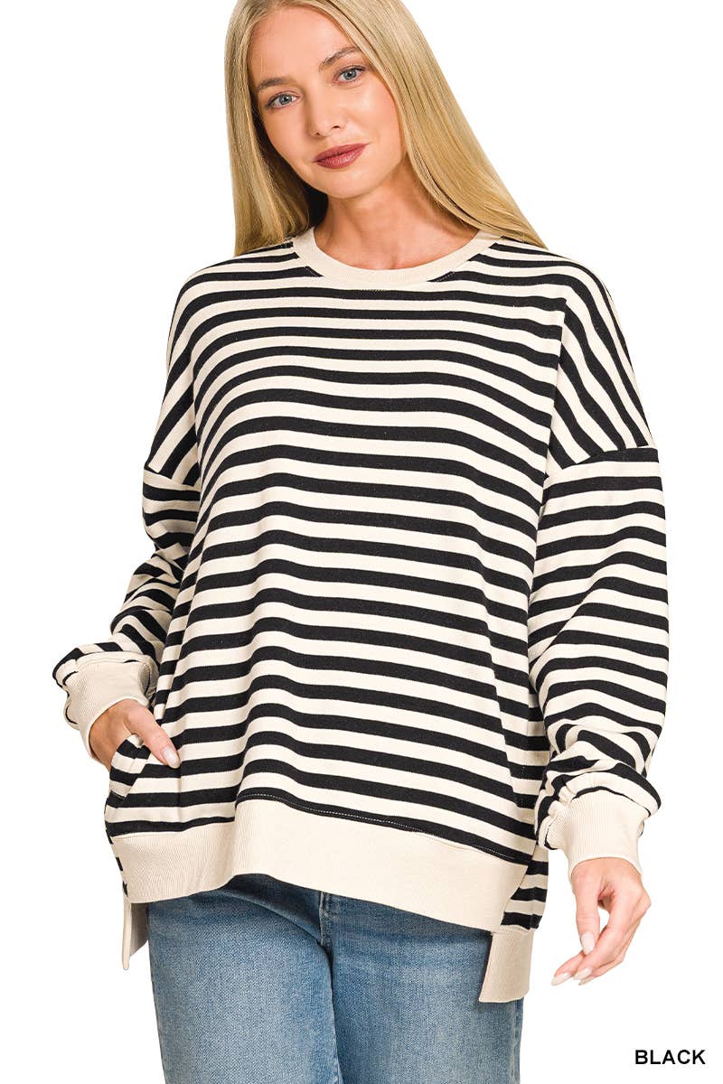 Premium Yarn Dyed Stripe Fleece Hi Low Sweatshirt w/ Pockets
