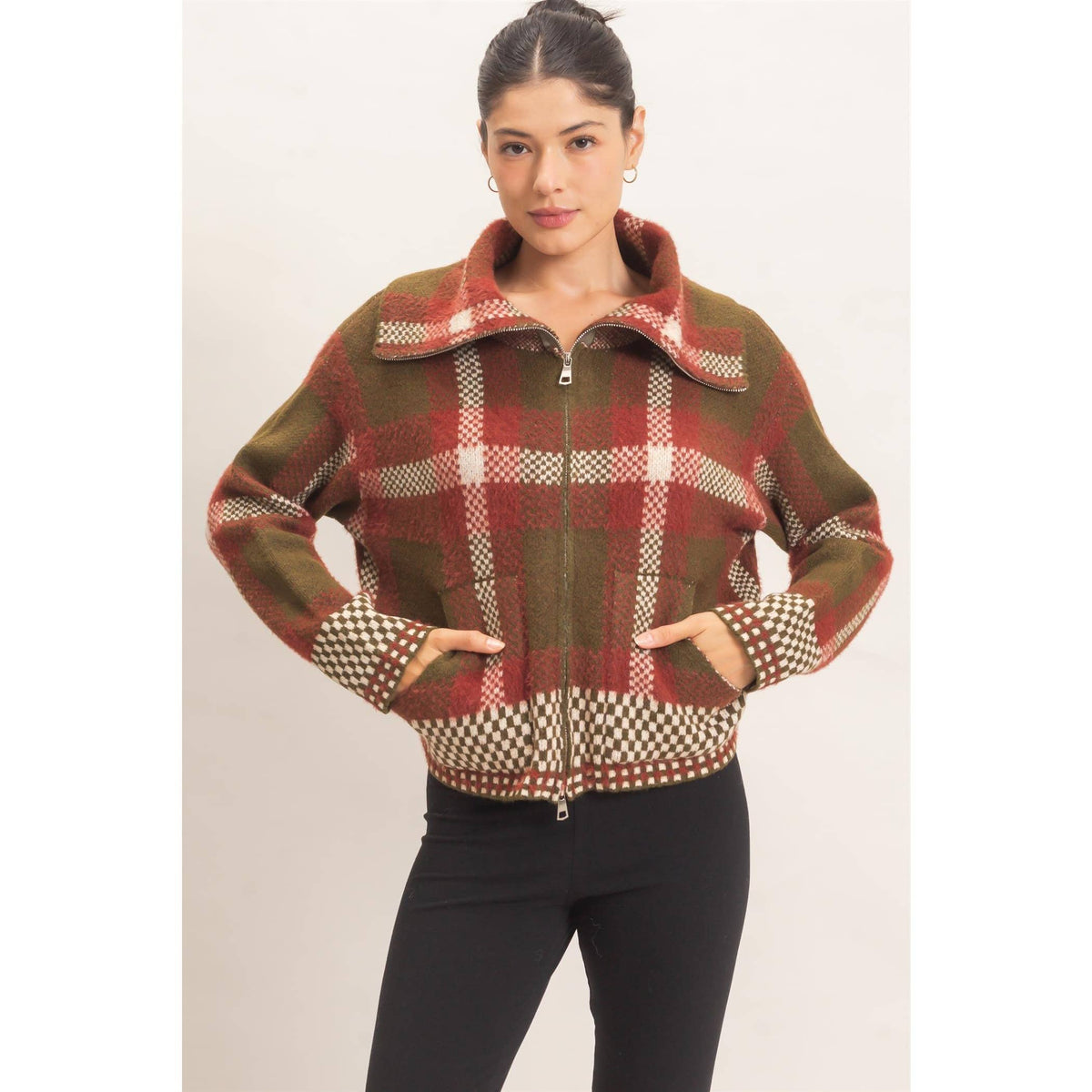 Wide Collar Plaid Zip-Up Sweater