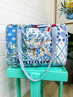 Blue Patchwork Quilted Duffle Weekender Travel Bag