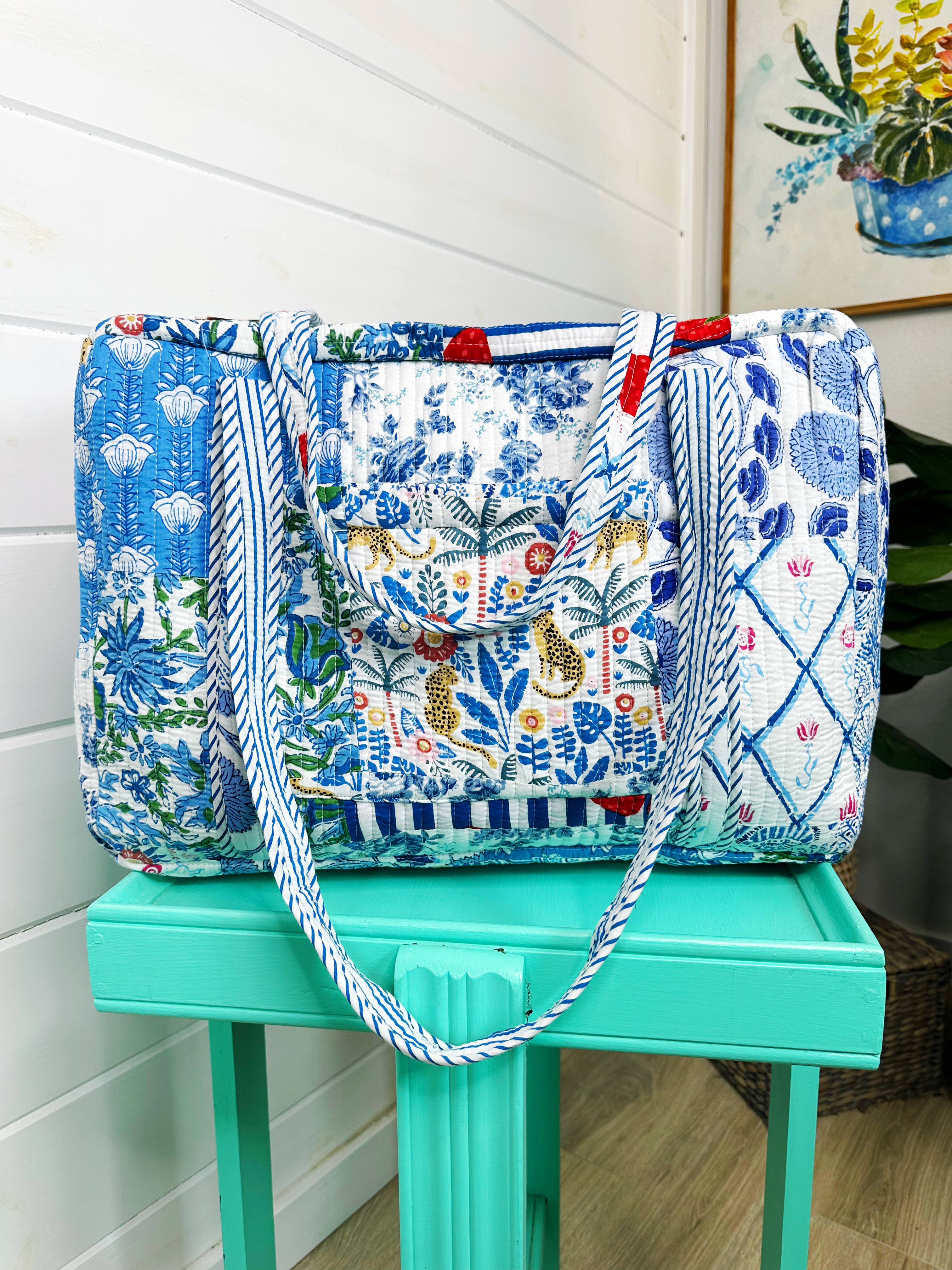 Blue Patchwork Quilted Duffle Weekender Travel Bag