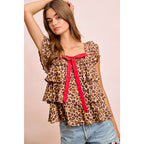 LEOPARD WOVEN FRONT BOW TIE RUFFLE SQUARE NECK TOP