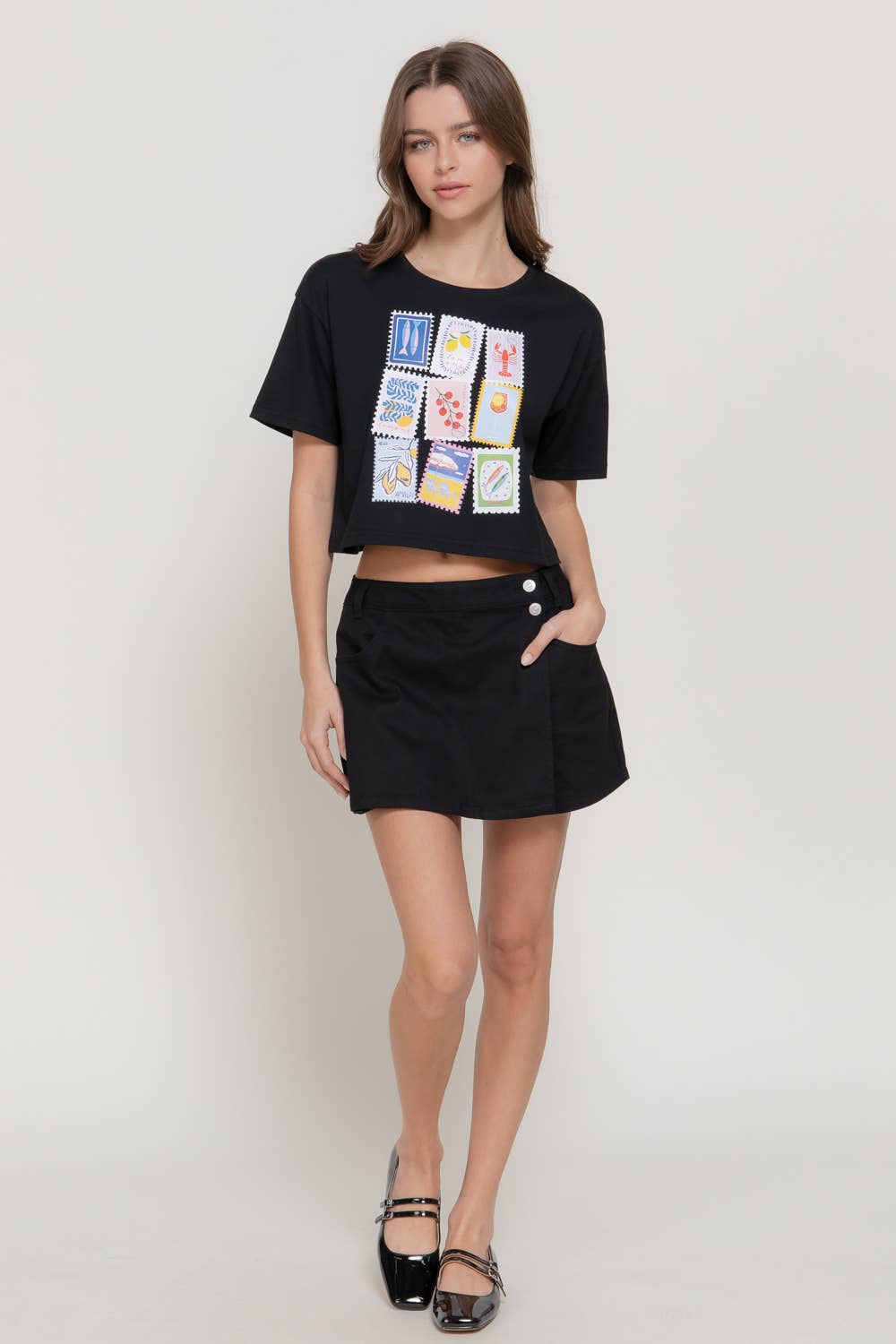 Short Sleeve Round Neck Print Knit Crop Top