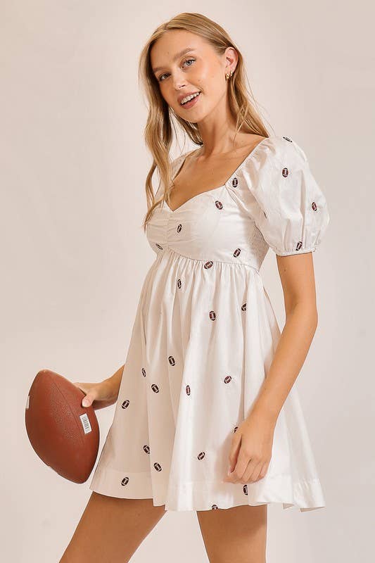 Football Embroidered Game Day Puff Sleeve Dress