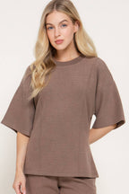 Elbow Sleeve Round Neck Brushed Knit Top with Flared Hem