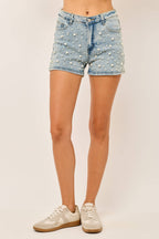IP3387 Faux pearl-studded Stretch Denim Shorts