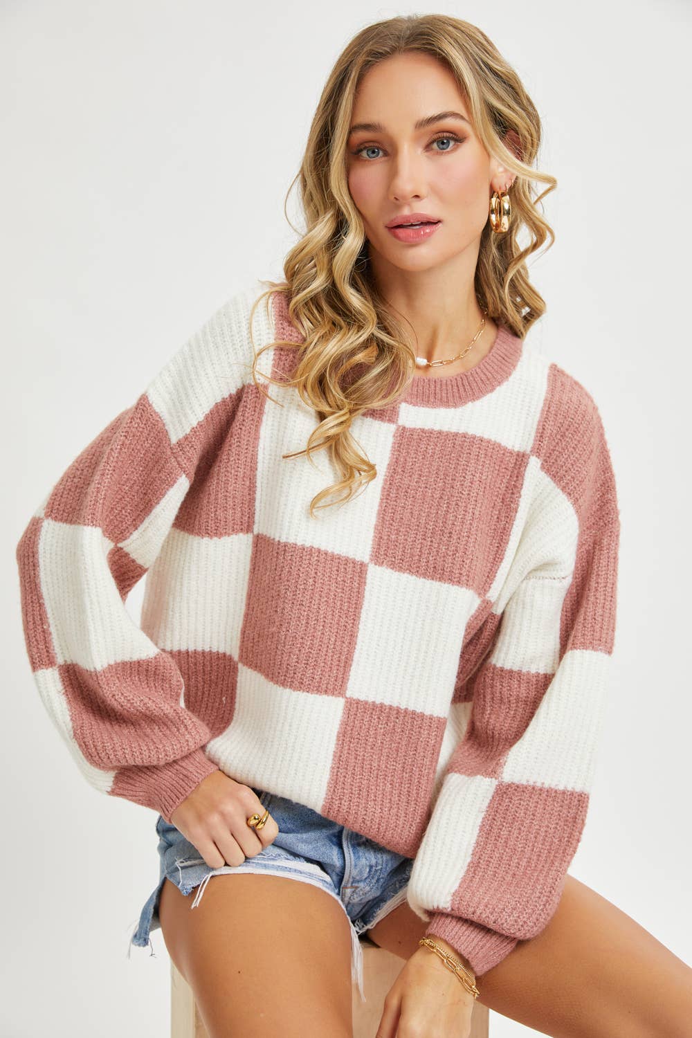 CASUAL SOFT COZY  RELAXED FIT CHECKER KNIT SWEATER