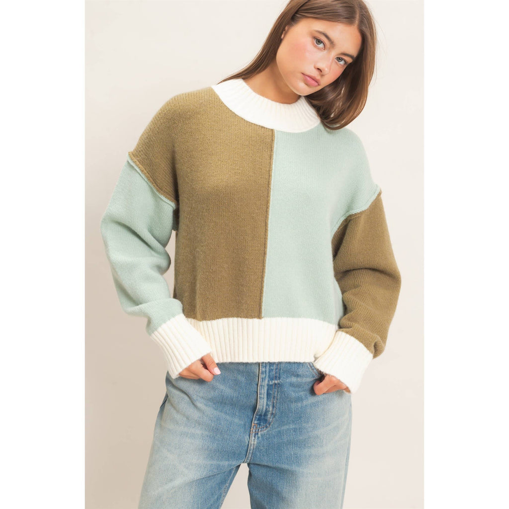 Color Block Mock Neck Sweater