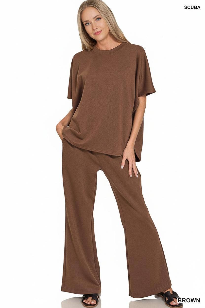 Scuba Curbed Hem Top & Pants Set - Zenana