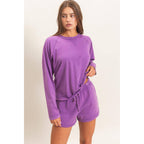 Mineral Wash Long Sleeve Raw Edge Top & Shorts Set