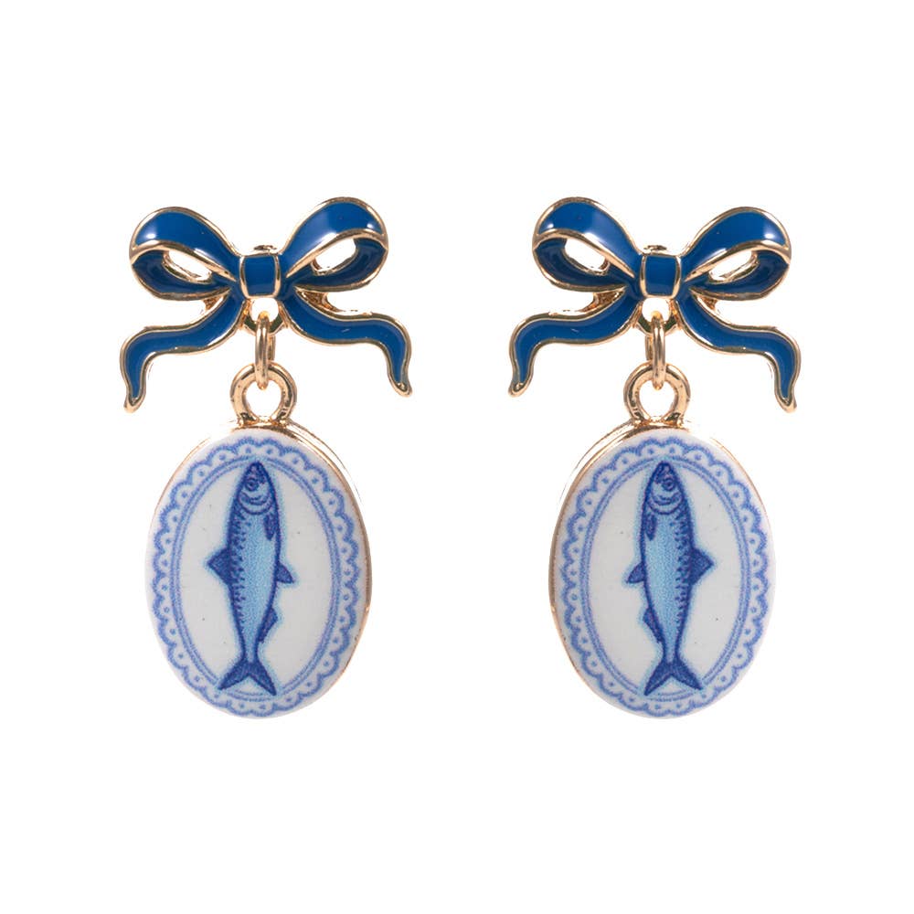 Bow Shell Print Square Frame Drop Earrings