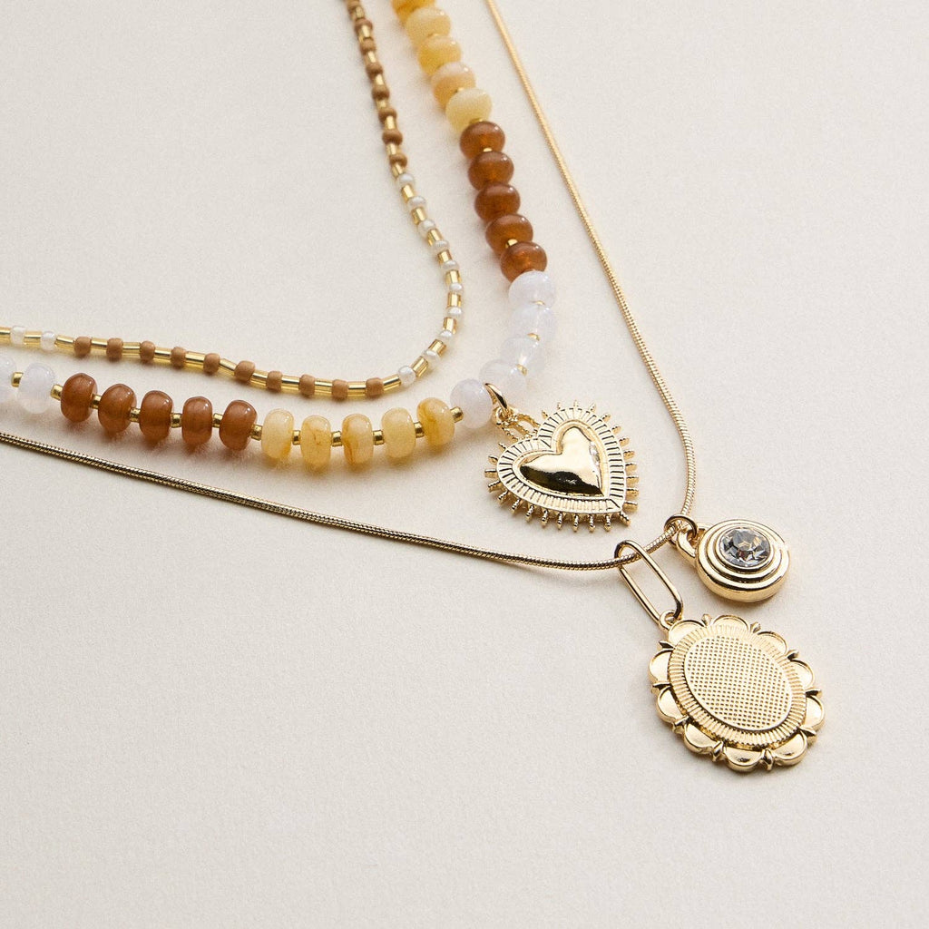 Layered Beaded and Pendant Necklace Set with Gold Accents | Heart and Charm Detail