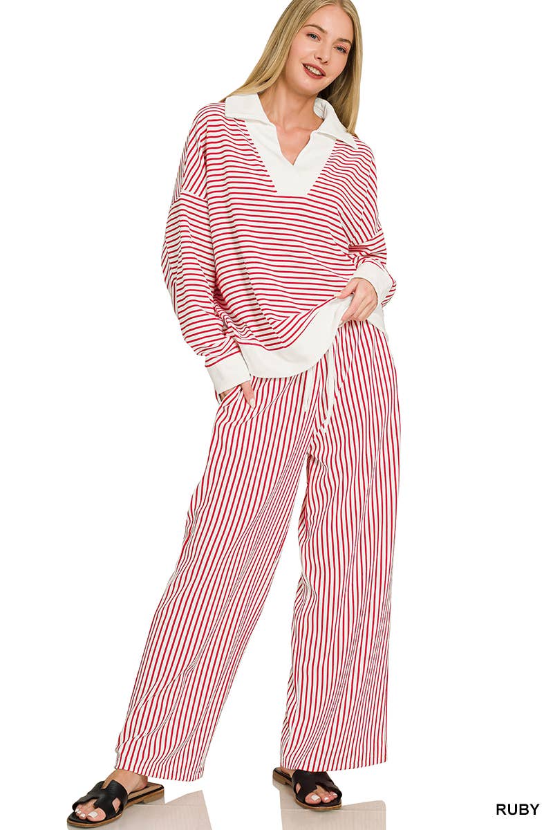 Striped Split Neck Oversized Collared Top & Pants 2PC Set