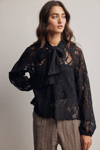 Sheer Lace Tie Neck Blouse FT0059