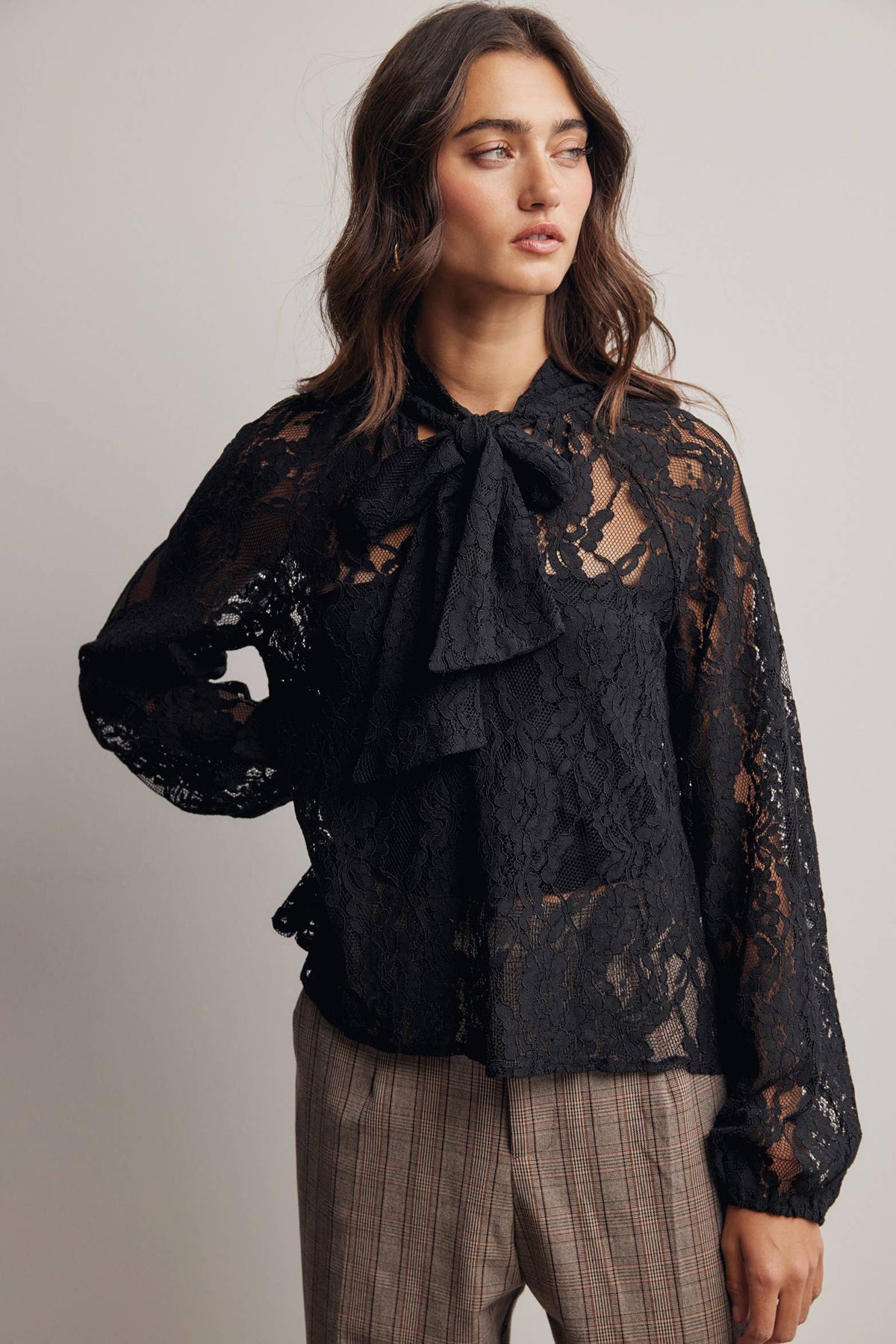 Sheer Lace Tie Neck Blouse FT0059