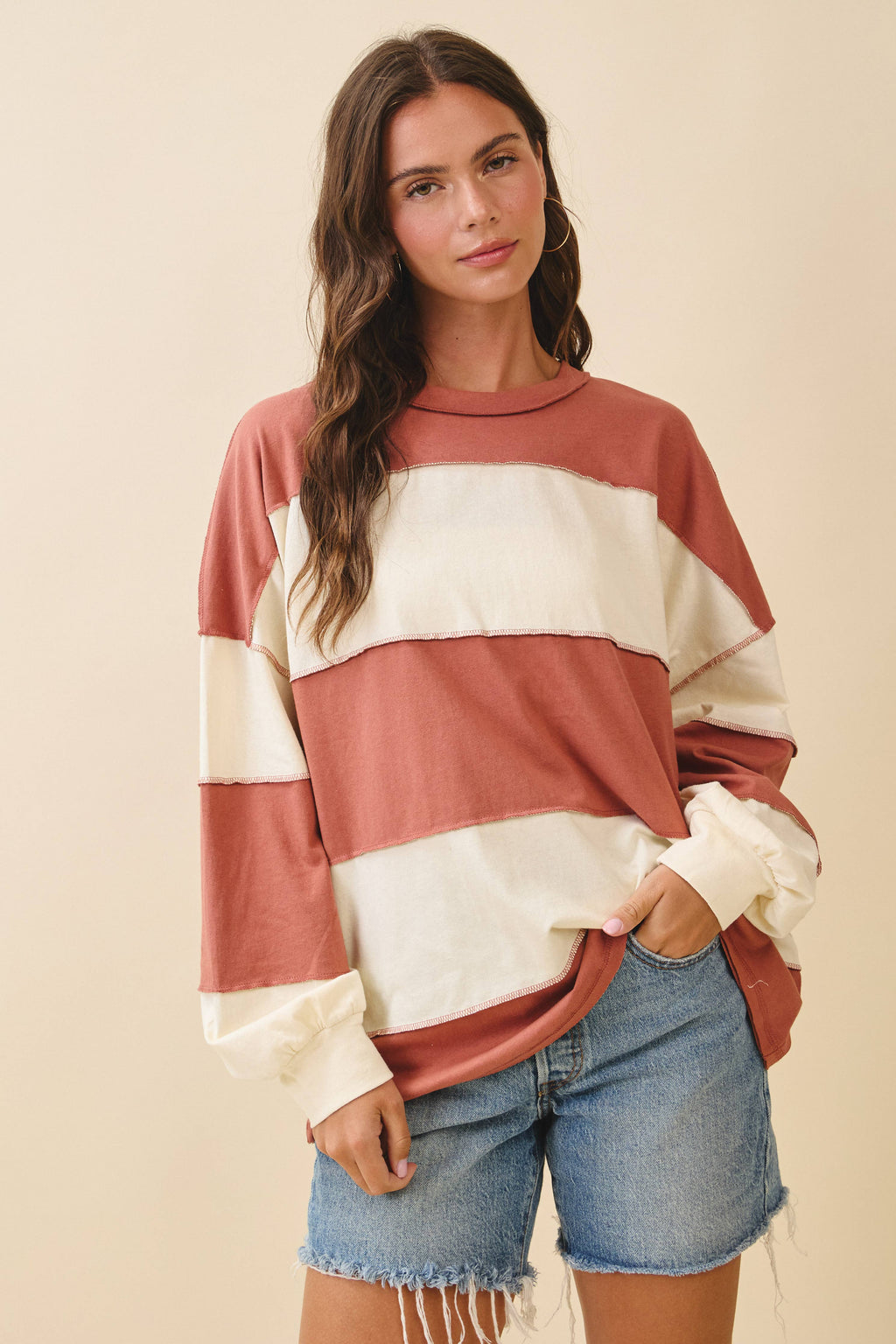 8551GN Contrast Panel Long Sleeve Slouchy Pullover 1