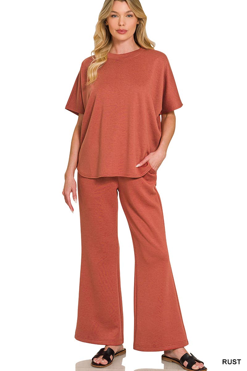 Scuba Curbed Hem Top & Pants Set - Zenana