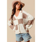 CHECKERED BUTTON FRONT TEXTURED SWEATER CARDIGAN