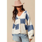 CHECKERED BUTTON FRONT TEXTURED SWEATER CARDIGAN