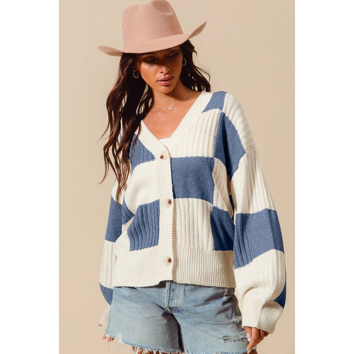 CHECKERED BUTTON FRONT TEXTURED SWEATER CARDIGAN