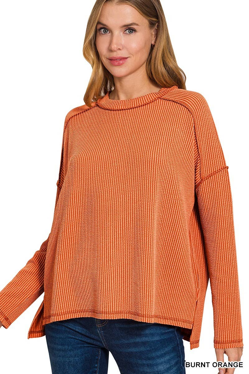 Raised Rib Raw Edge Boat Neck Long Sleeve Top