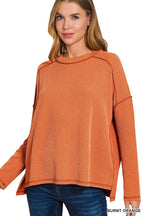 Raised Rib Raw Edge Boat Neck Long Sleeve Top