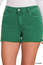Washed Fray Hem Cotton Denim Shorts - Zenana