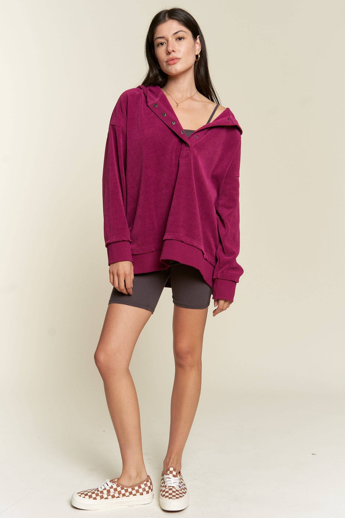 Long Sleeve Button Down Ribbed Hooded Sweatshirt JJT5070