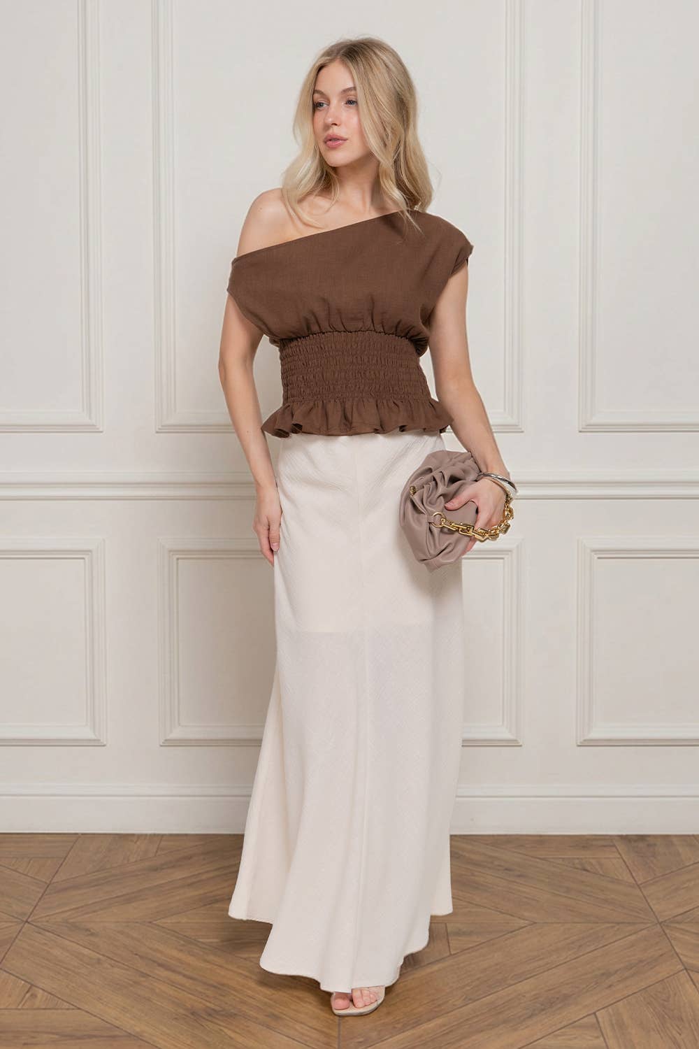 Asymmetrical Off The Shoulder Smocking Linen Effect Top