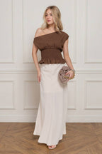 Asymmetrical Off The Shoulder Smocking Linen Effect Top