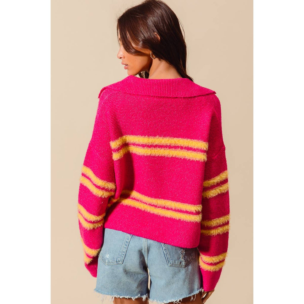 FUZZY HAIRY STRIPE DEEP U NECK SWEATER TOP