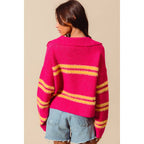 FUZZY HAIRY STRIPE DEEP U NECK SWEATER TOP