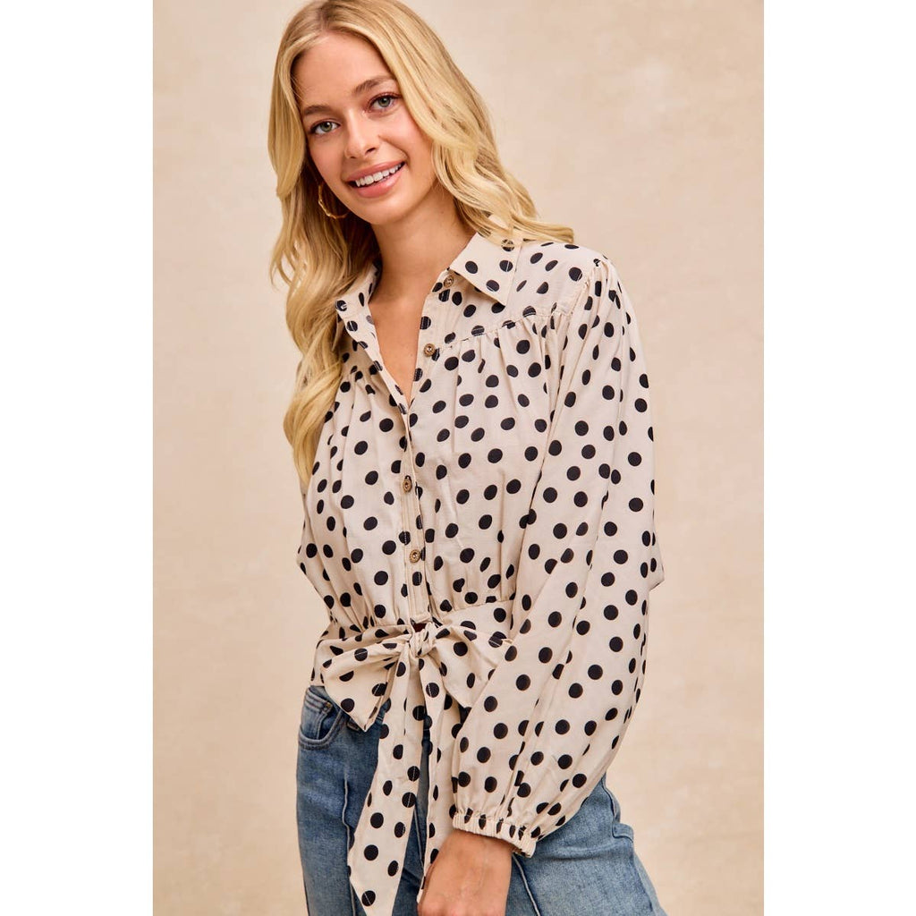 POLKA DOT PRINT TIE HEM DETAIL CROP BLOUSE TOP