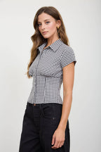 GINGHAM COLLARED SHORT SLEEVE CONTOURED TOP