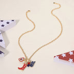 Enamel American USA Flag Cowboy Heart Pearl Charm Necklace