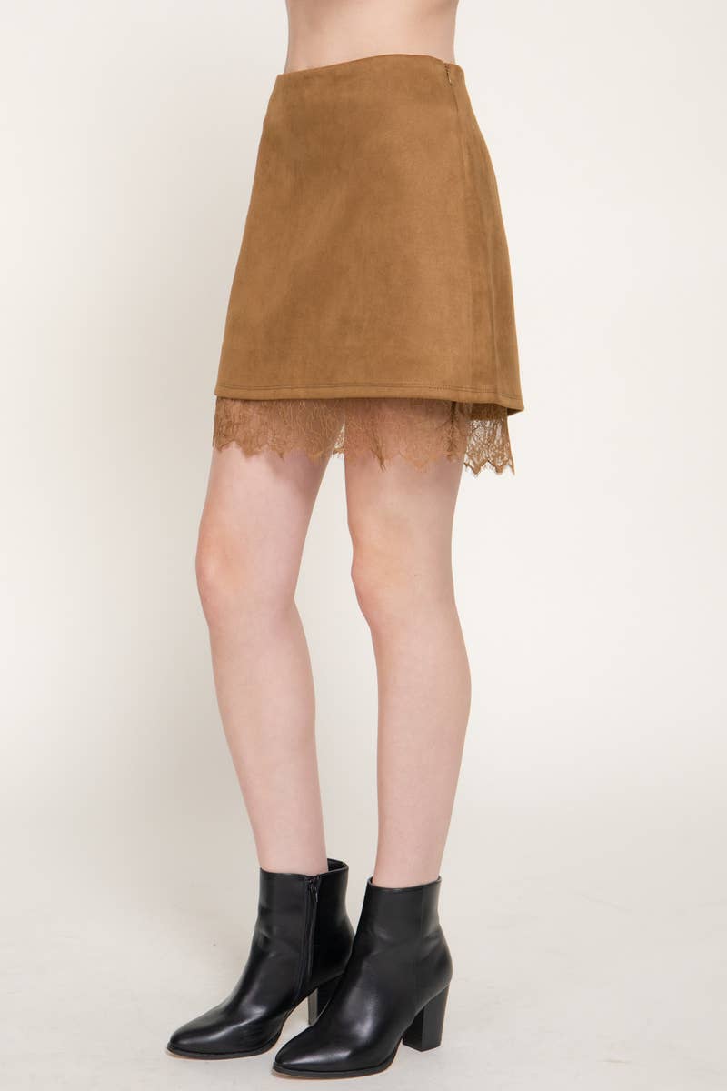 Faux Suede Lace Trim Mini Skirt