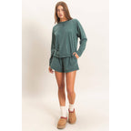 Mineral Wash Long Sleeve Raw Edge Top & Shorts Set