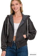 Acid Wash Fleece Cropped Zip-up Hoodie W Pockets