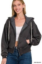 Acid Wash Fleece Cropped Zip-up Hoodie W Pockets