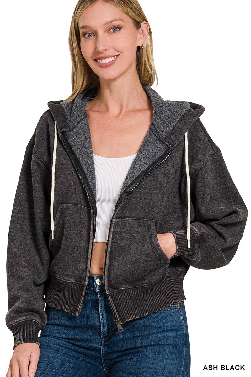 Acid Wash Fleece Cropped Zip-up Hoodie W Pockets