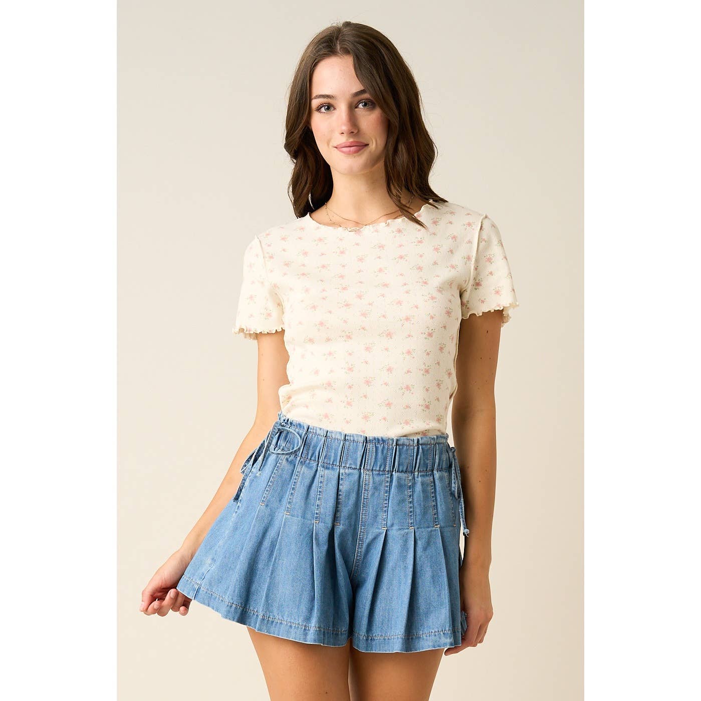 DITSY FLORAL PRINT LETTUCE EDGE SHORT SLEEVE TOP