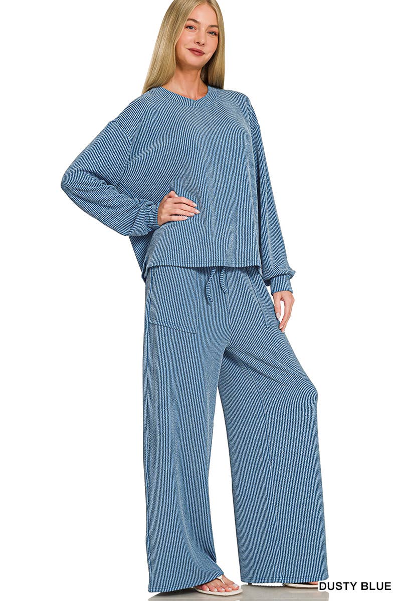 Raised Rib Round Neck Pullover & Pants 2PC Set