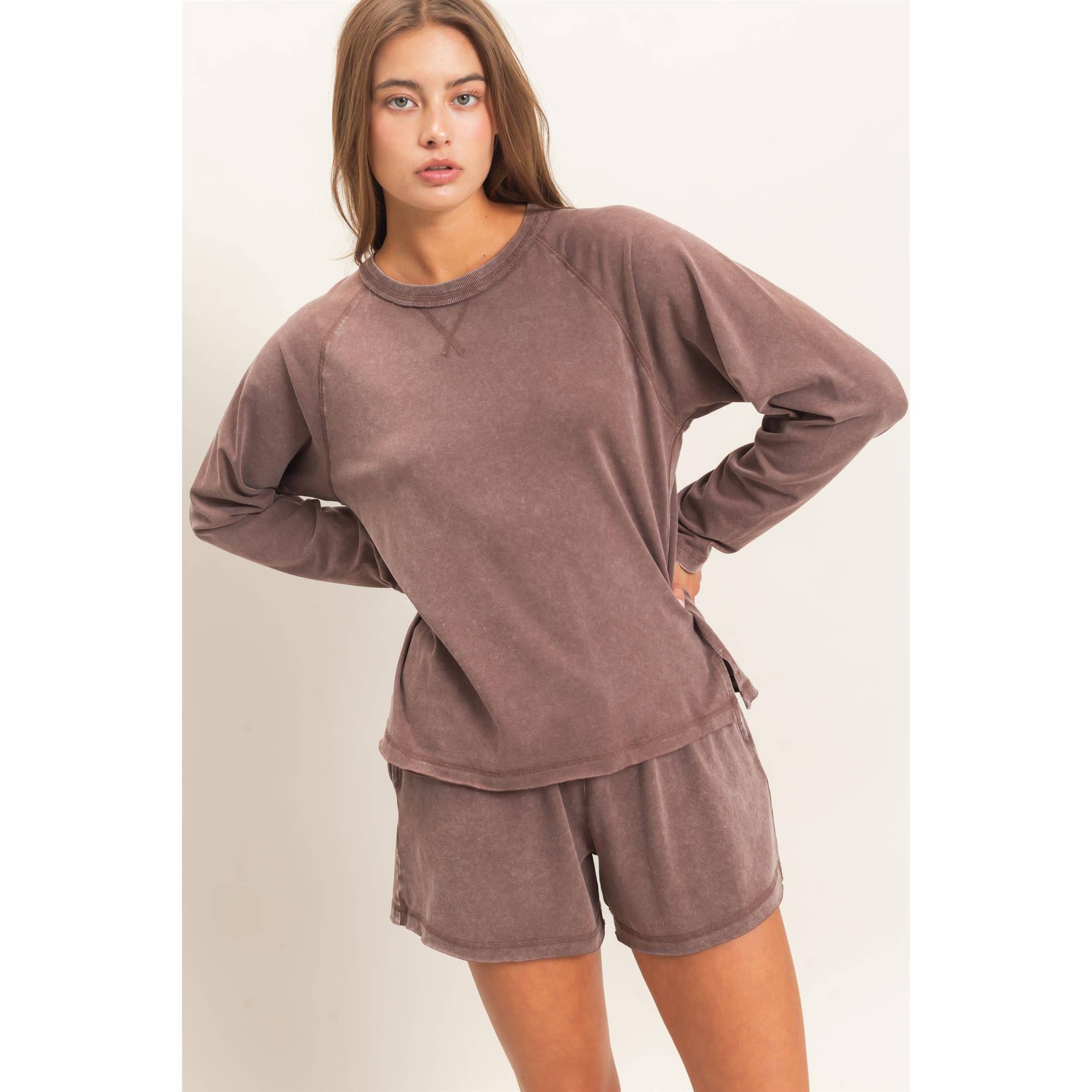 Mineral Wash Long Sleeve Raw Edge Top & Shorts Set