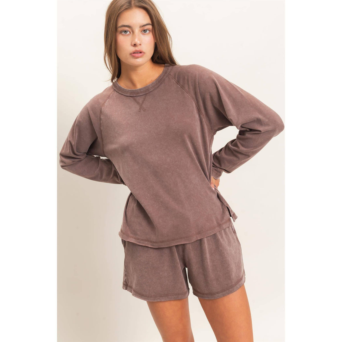 Mineral Wash Long Sleeve Raw Edge Top & Shorts Set