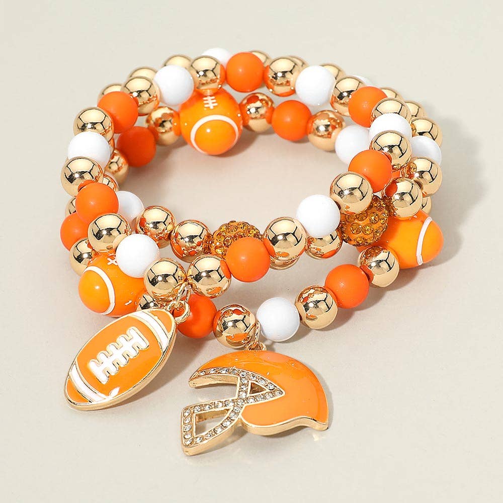 3PCS - Game Day Football Helmet Charm Beaded Stretch Multi Layered Bracelets